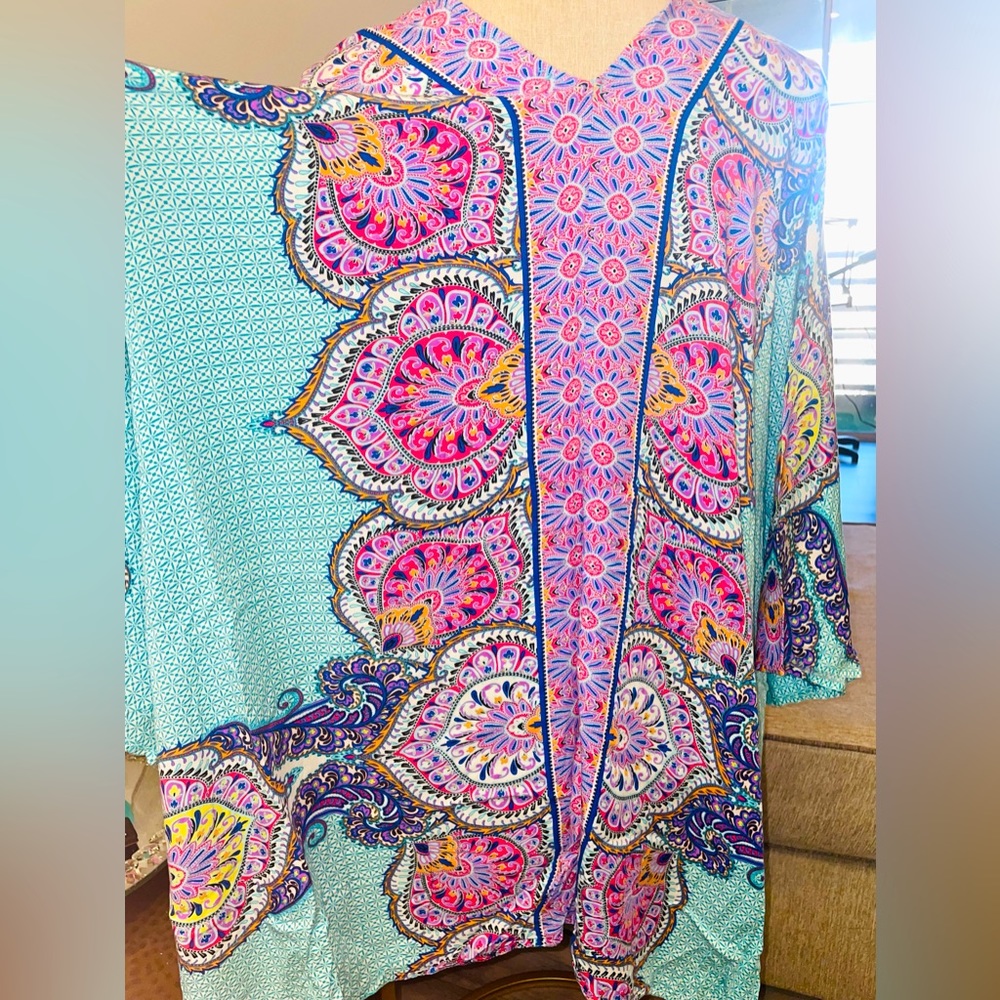 Beautiful Fab’rik multi color cover up or top aqua purple pink orange fits all